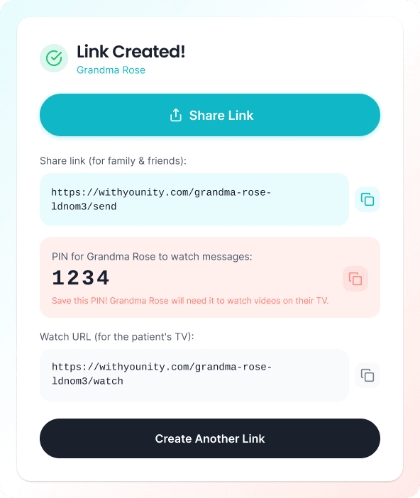 Patient page showing the copy link button and share options